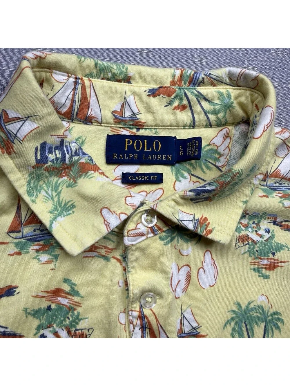 Polo Ralph Lauren Polo Shirt Mens Size L  Yellow Tropical Island Sailboat Print